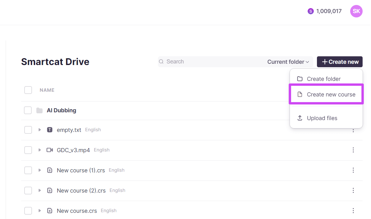 Create new course button in Smartcat AI