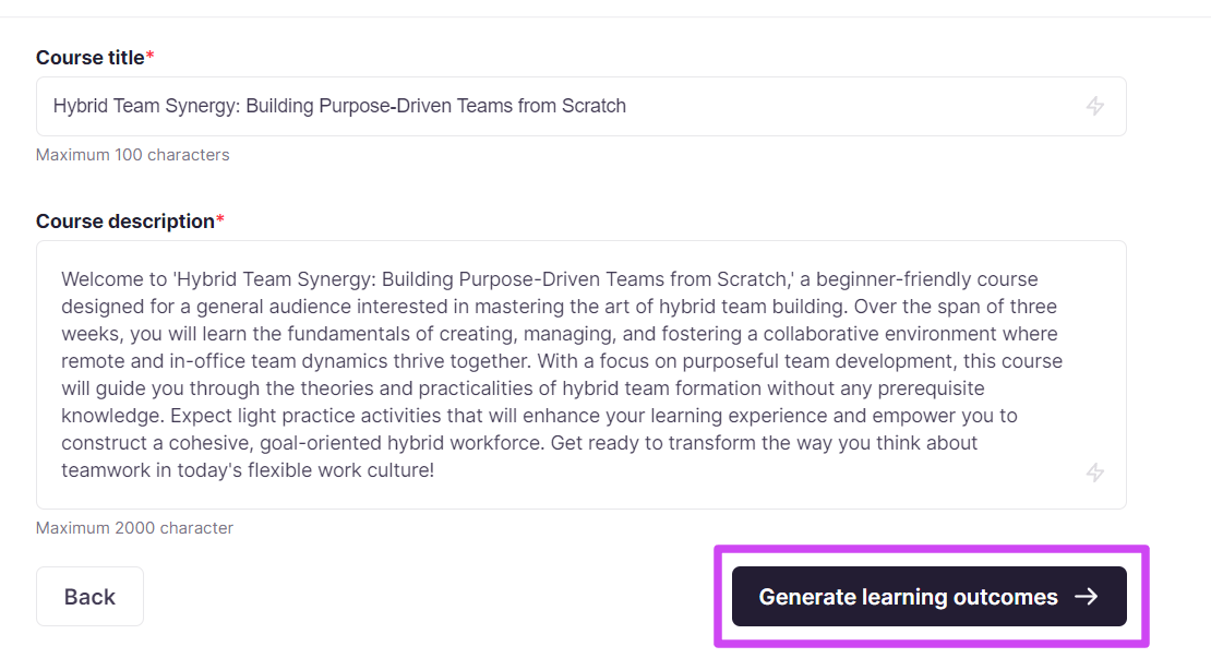 Generate learning outcomes button