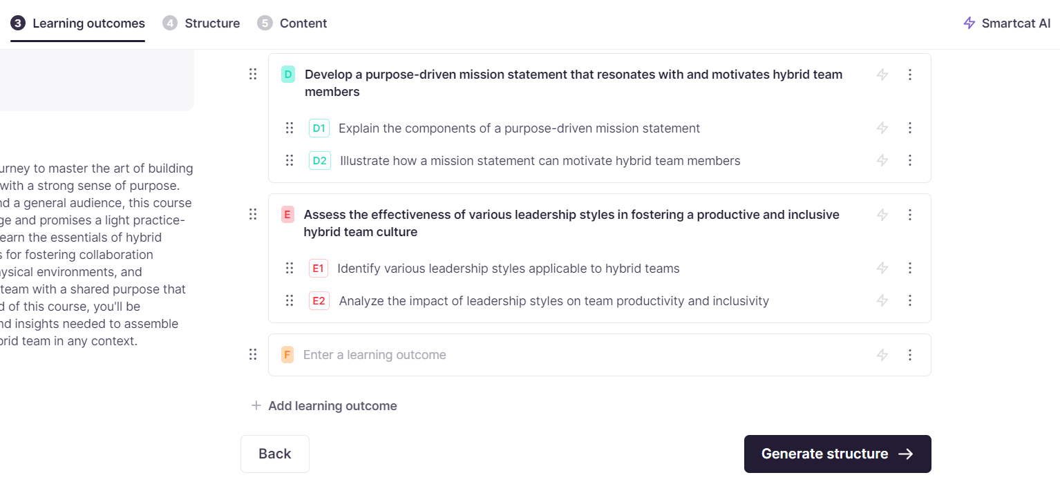 Edited learning outcomes list