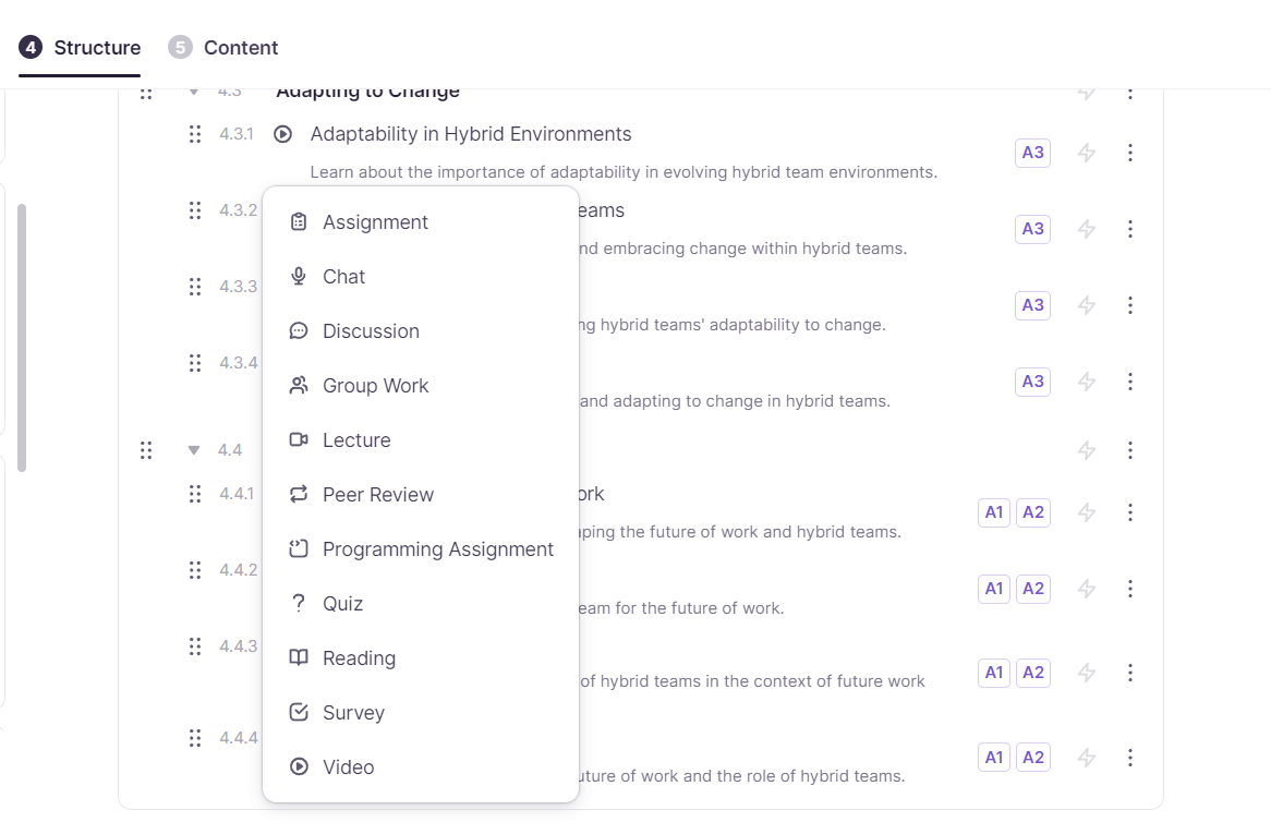 Structure tab with course elements