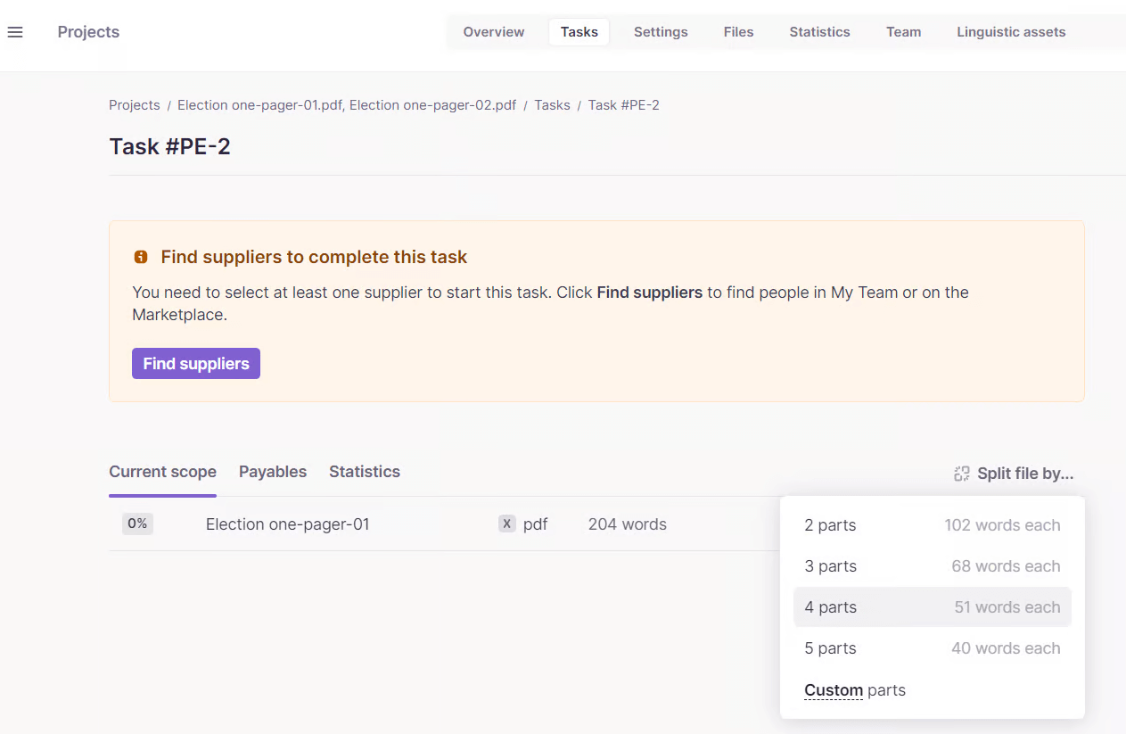 Document assignment view with the split document option