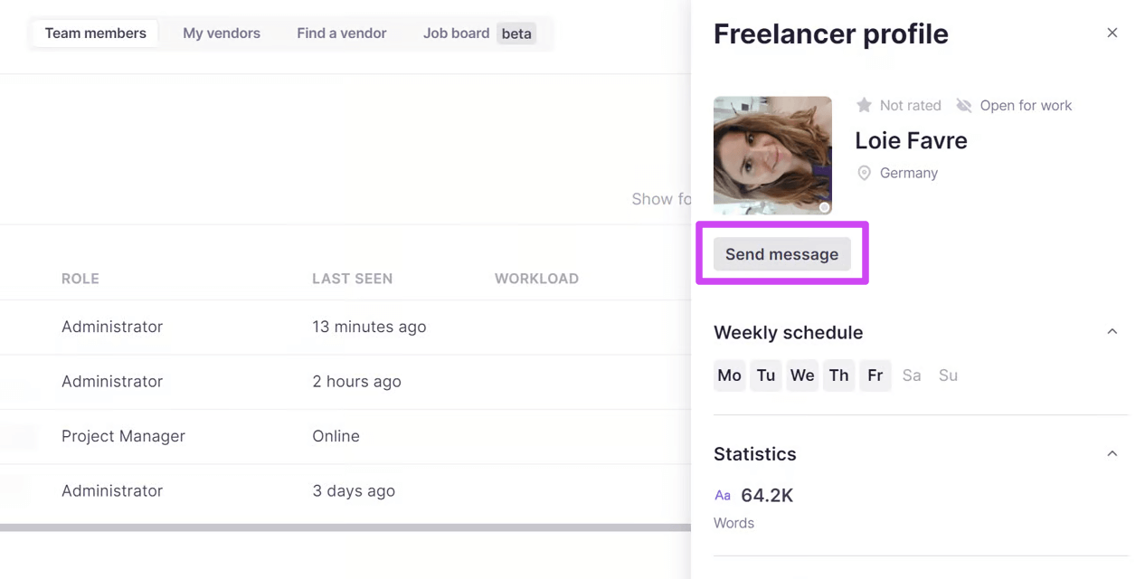 Chat window for messaging a project participant