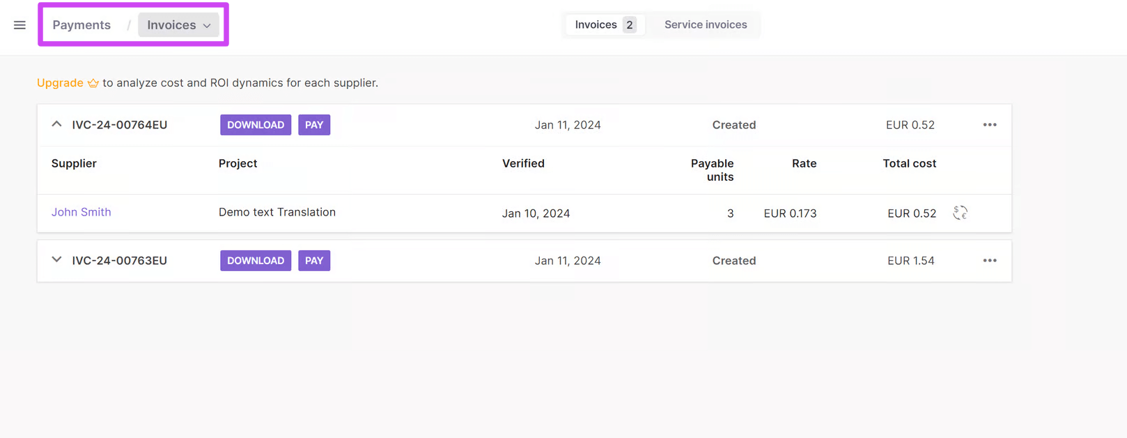 Payments section with payable freelancer jobs and invoice creation