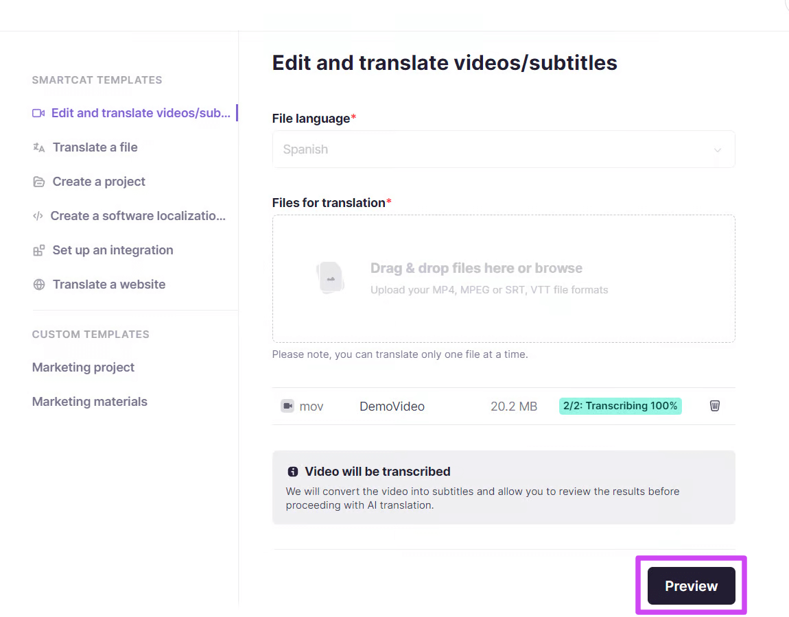Upload and transcription progress screen with the Preview button