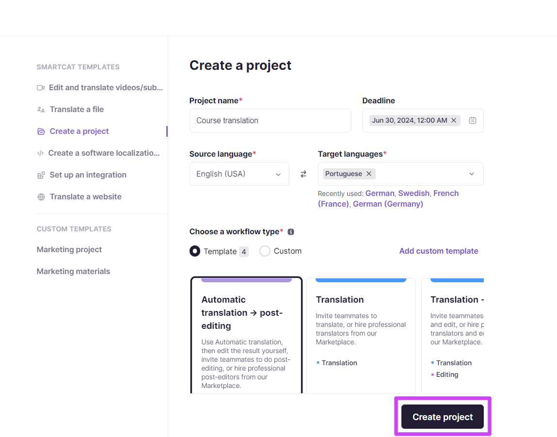Creating a new project in Smartcat