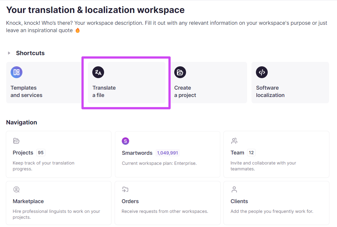 Translate a File button in the workspace
