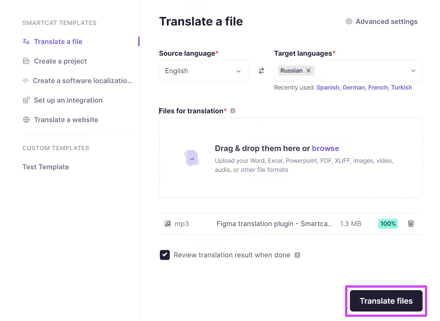 Project creation tab