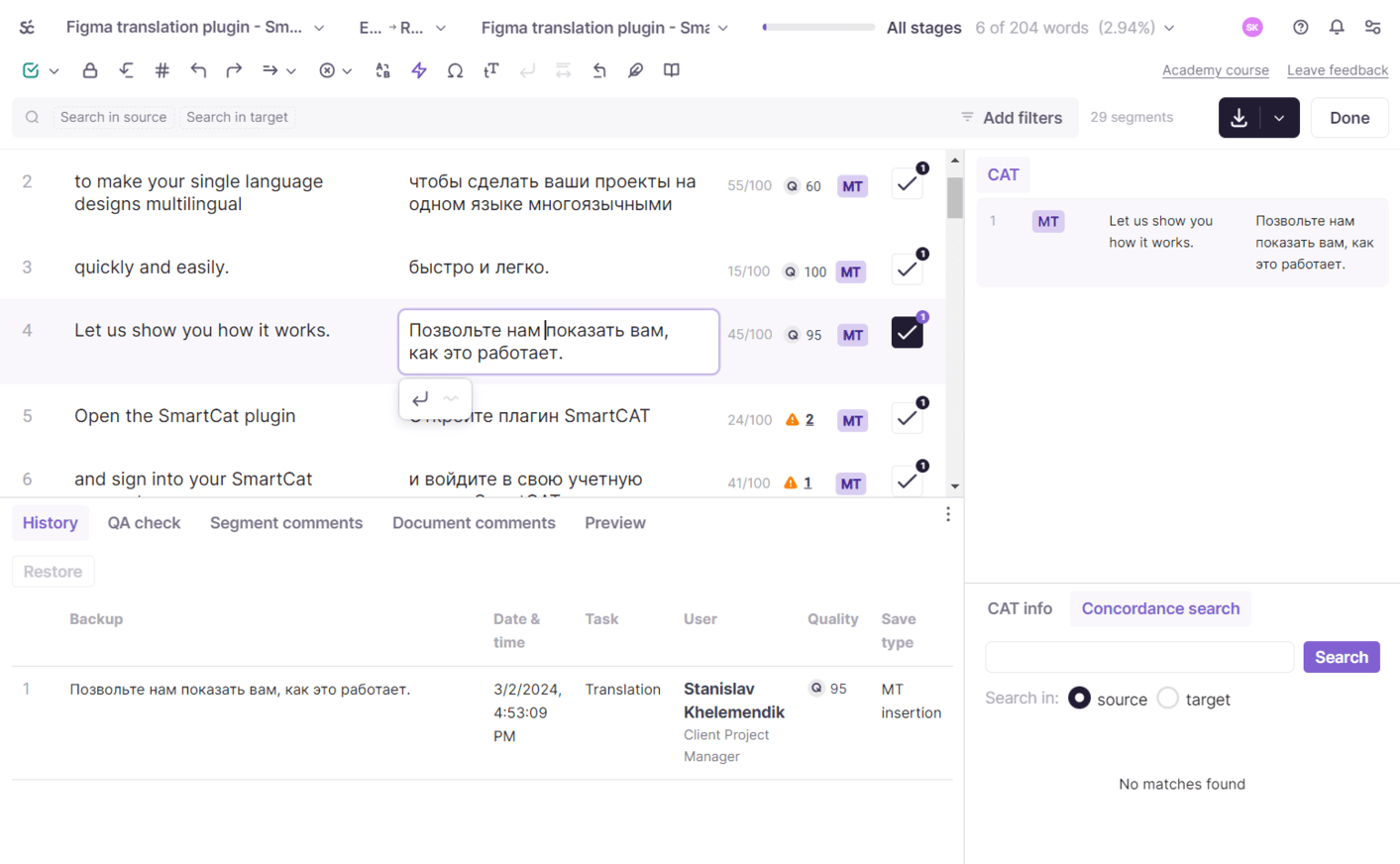 CAT editor with the translation divided into segments