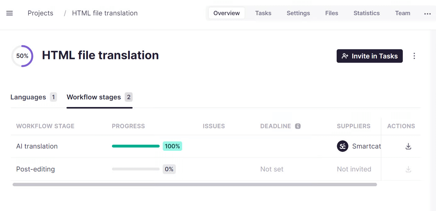 Overview tab showing workflow stage progress