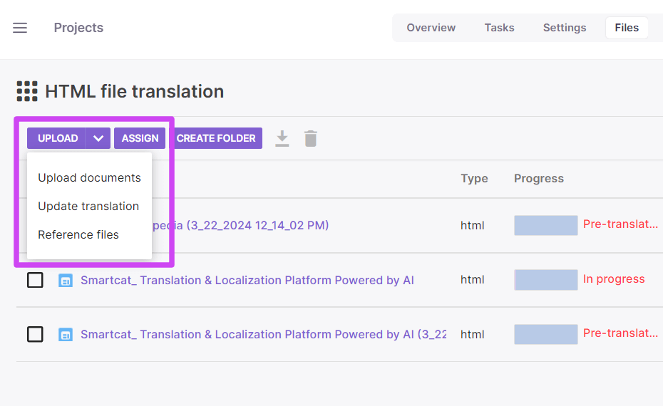 Upload documents option in the Files tab
