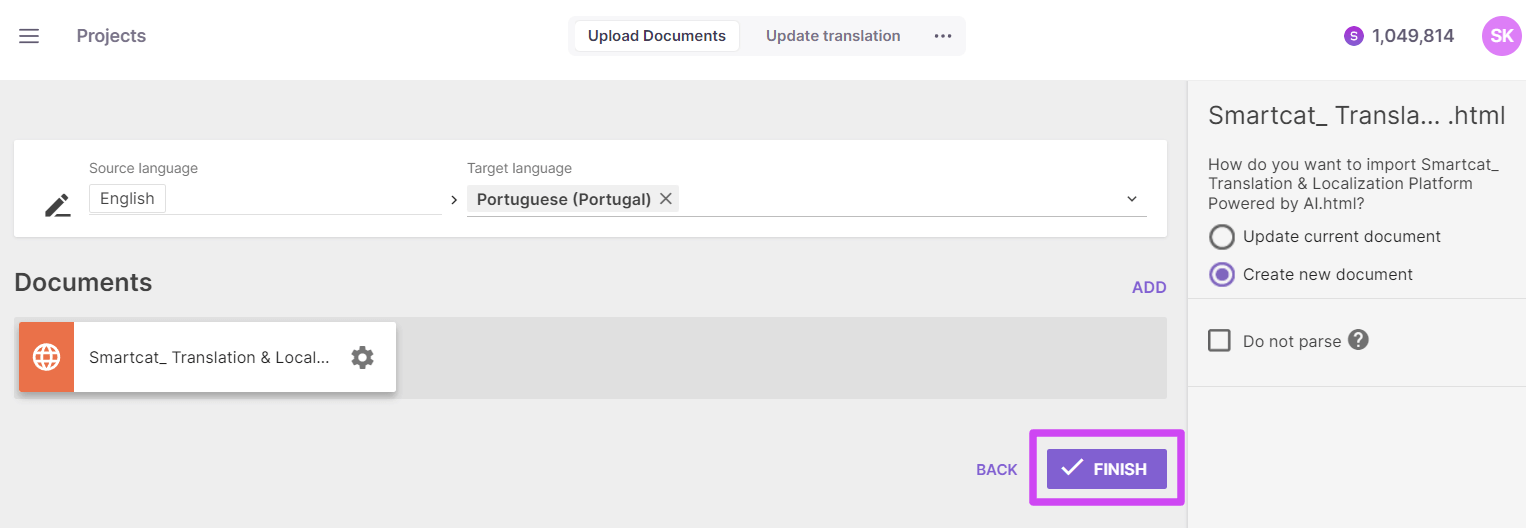 File selection dialog with Finish button