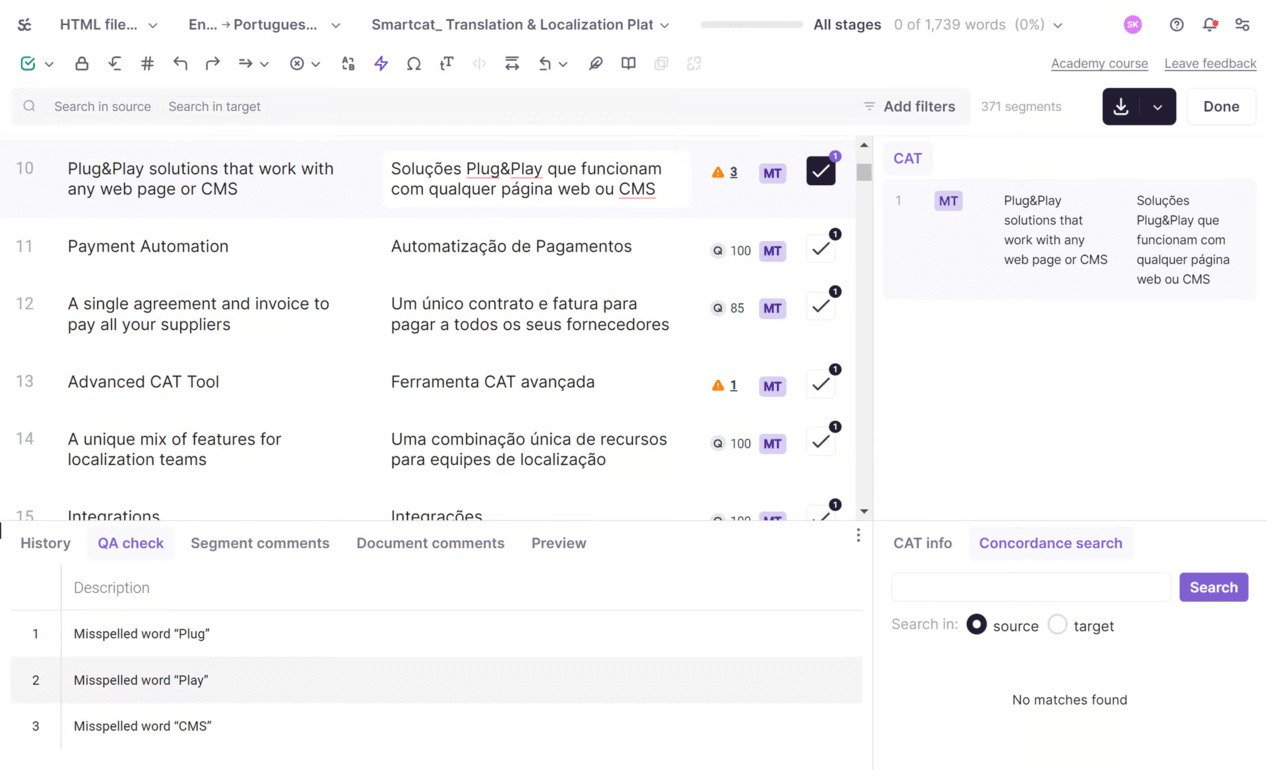 CAT editor with the translation divided into segments