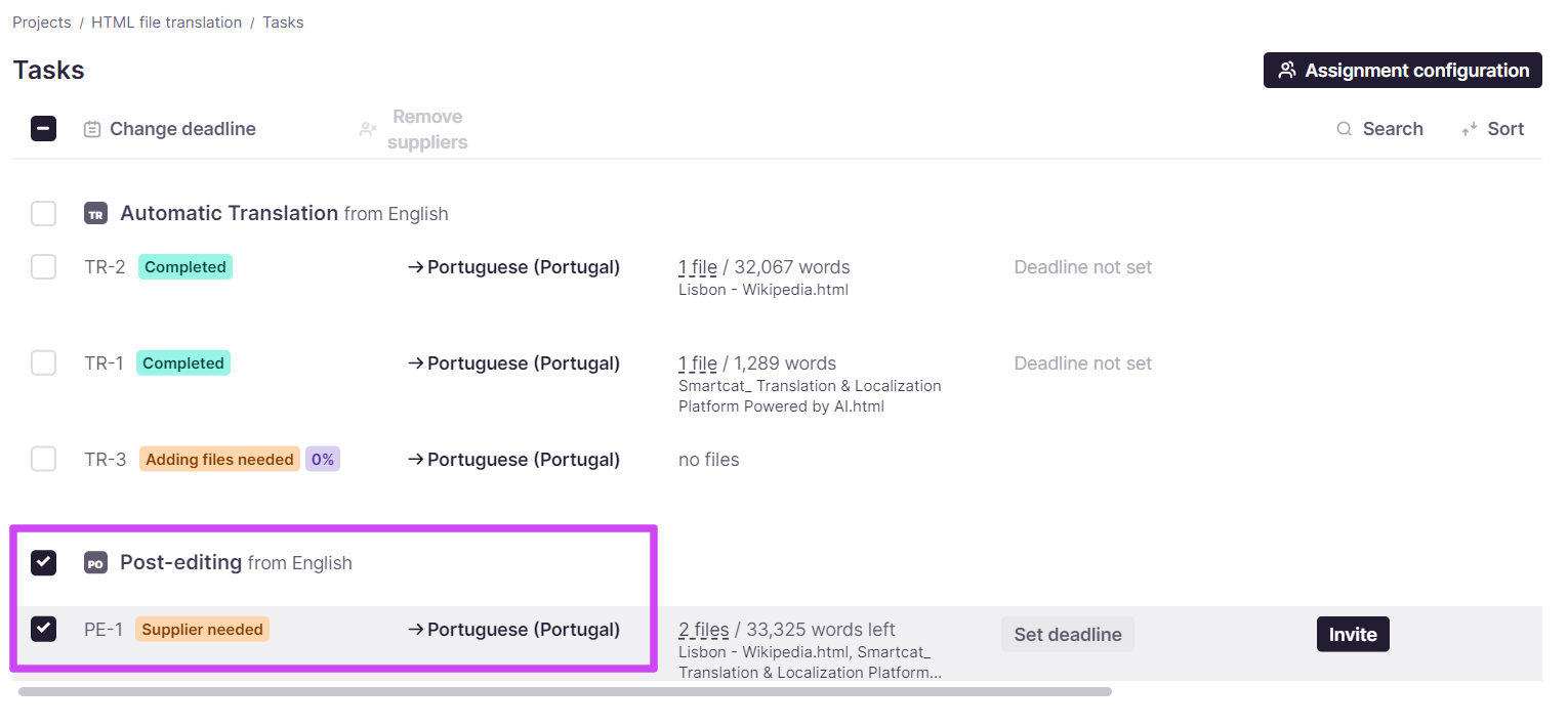 Post-editing task in the Tasks tab