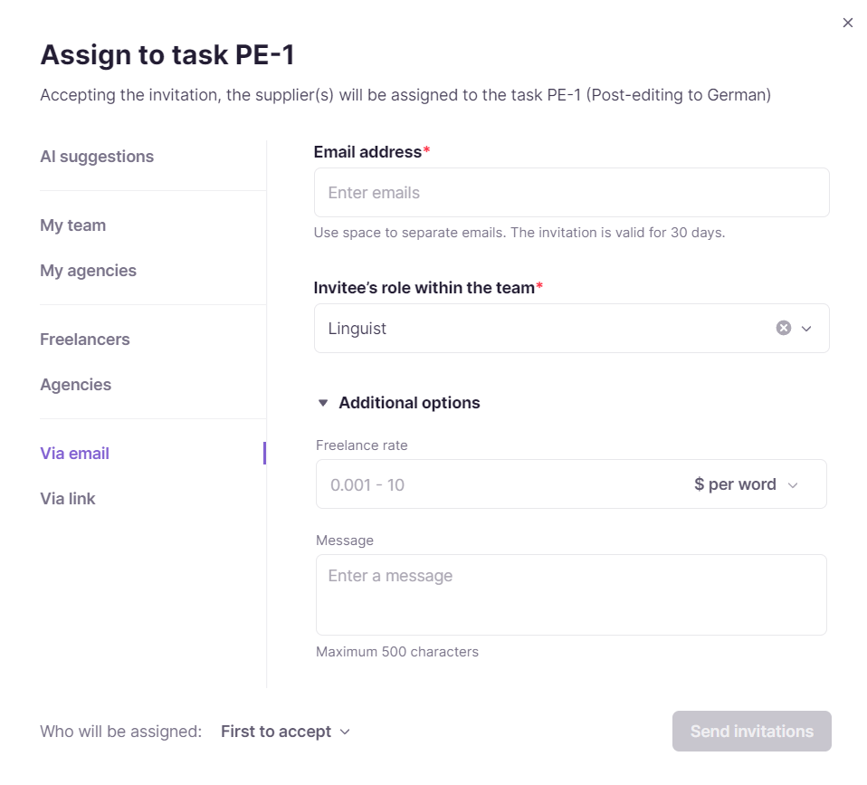 Invitation options panel