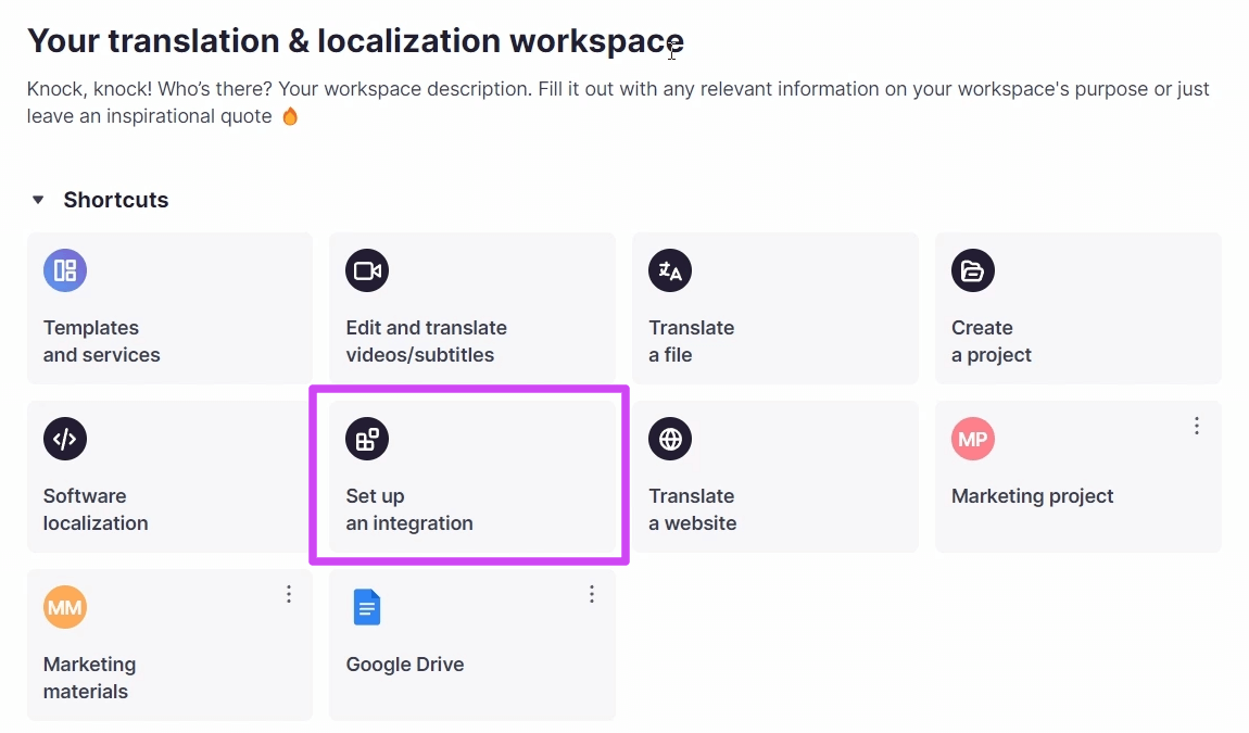 Set up an integration shortcut in the Smartcat workspace