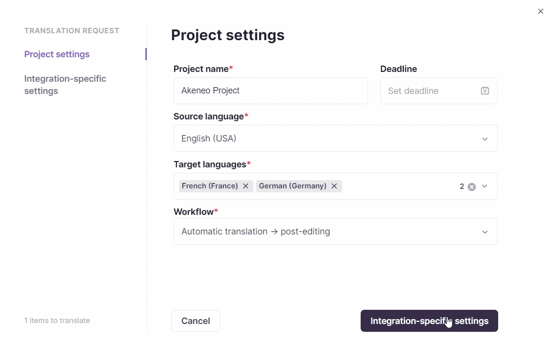 New project fields with source and target language selection