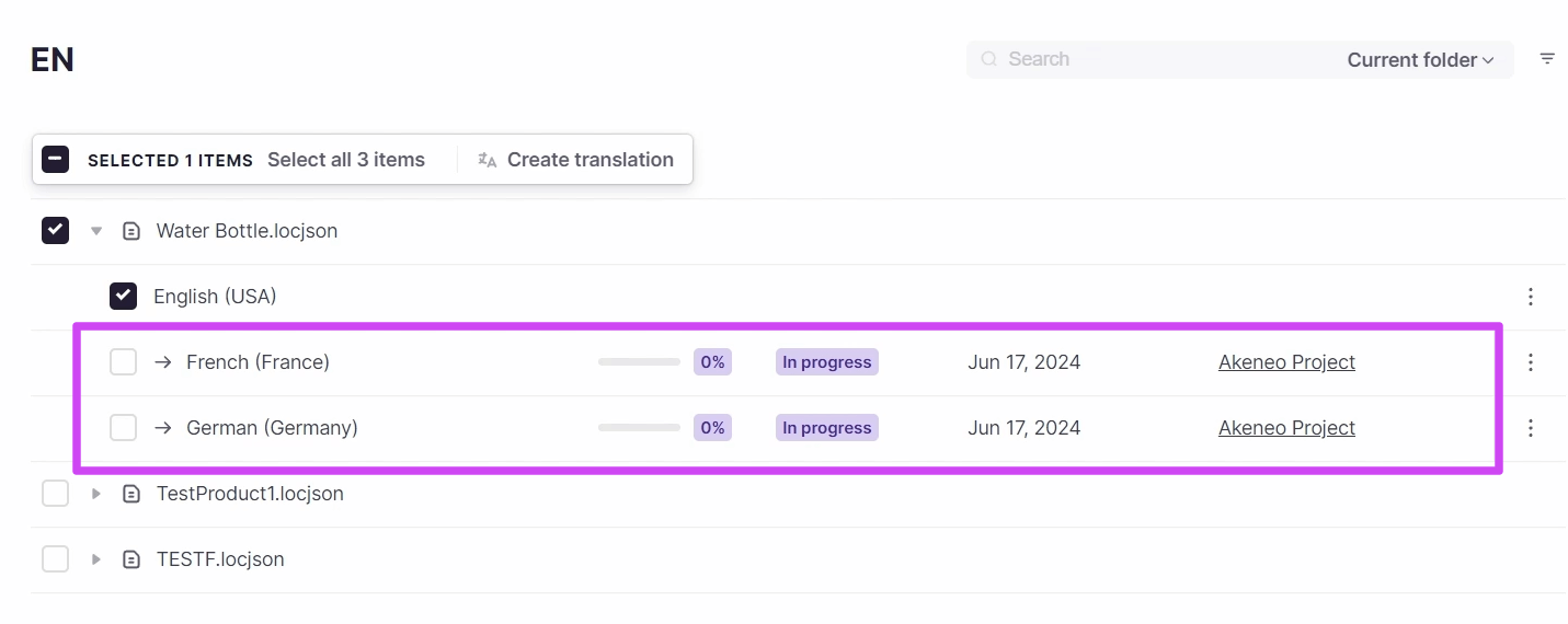 Product with target languages, progress bars, and associated Smartcat project name