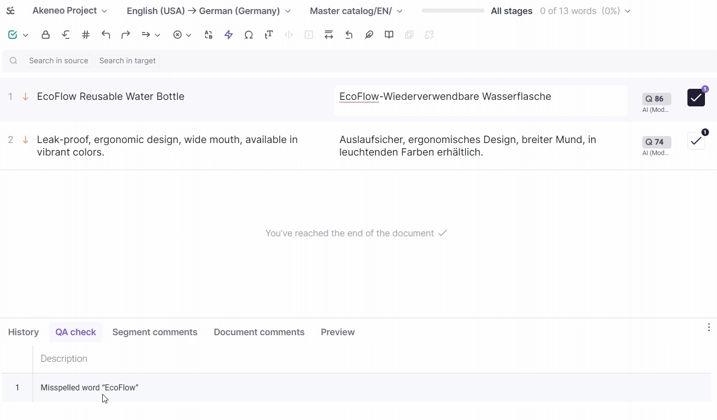 Files tab with the source file in Smartcat