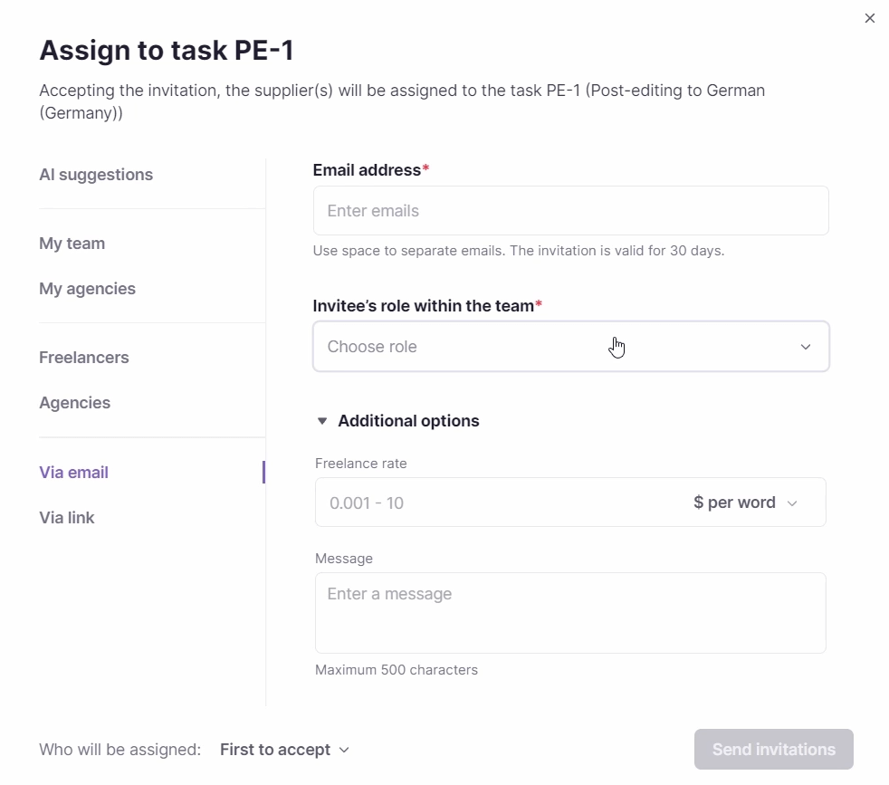 Tasks tab with the Post-editing task and Invite button
