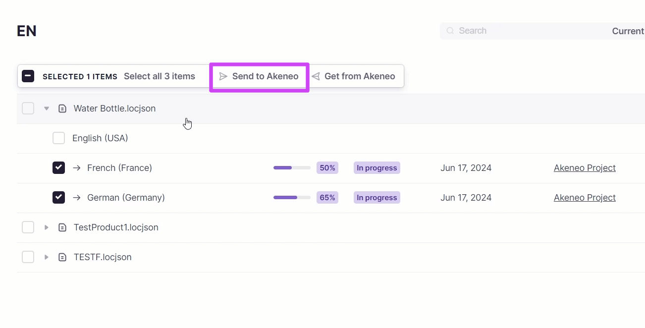 Send to Akeneo button with selected translations