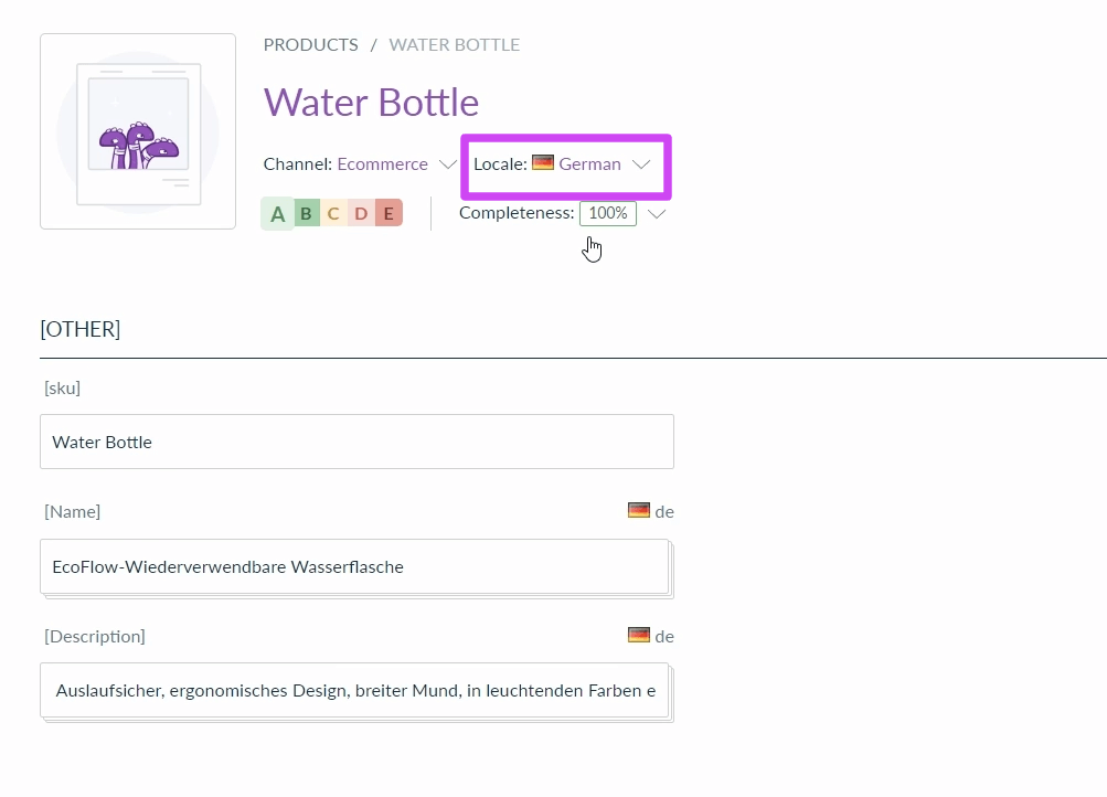 Translated content shown in the Akeneo workspace
