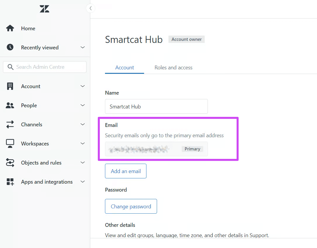 Zendesk profile sidebar showing the Primary email address field