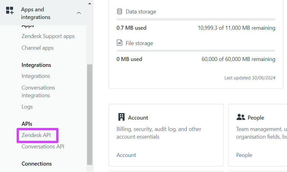 Zendesk admin sidebar with Apps and integrations and the Zendesk API option