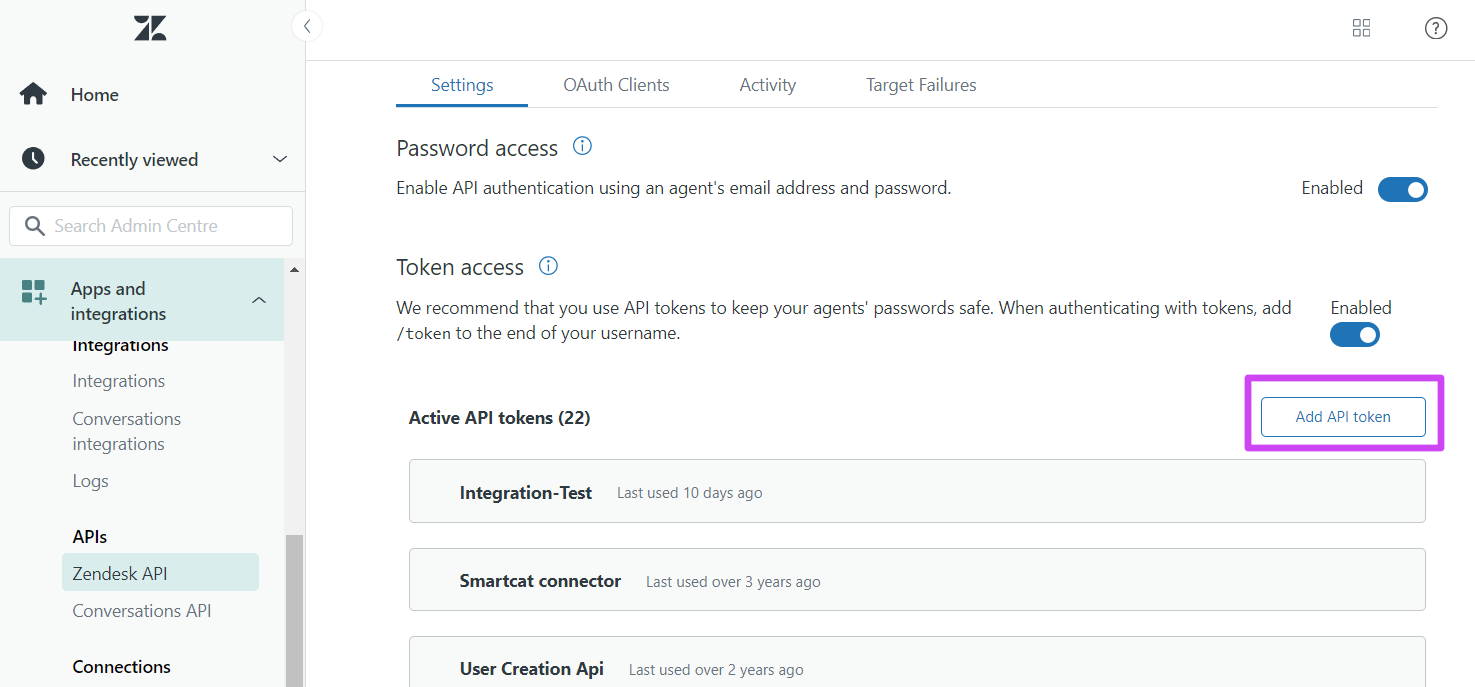 Zendesk API settings tab with Token Access enabled