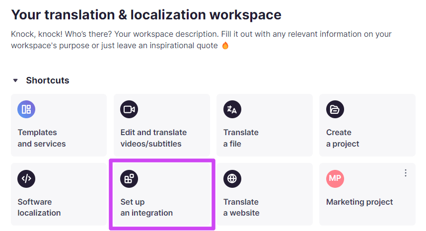 Smartcat shortcut for setting up an integration