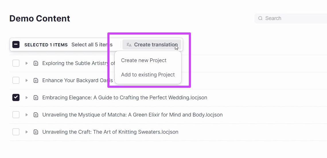 Zendesk integration content list with the Create translation button