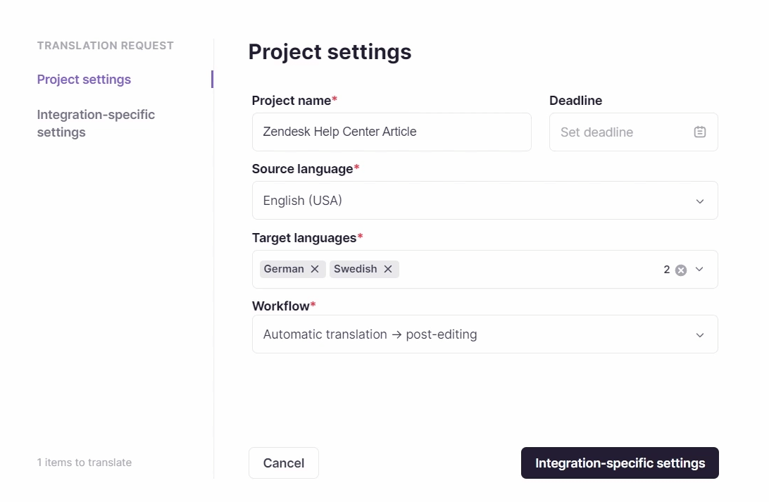 Project creation dialog with name, deadline, and language fields
