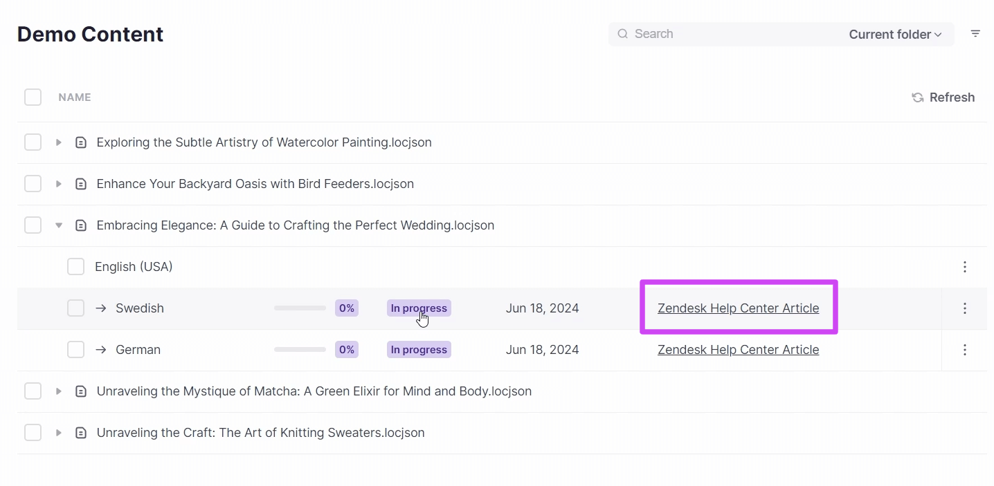 Integration page listing target languages under the original file title