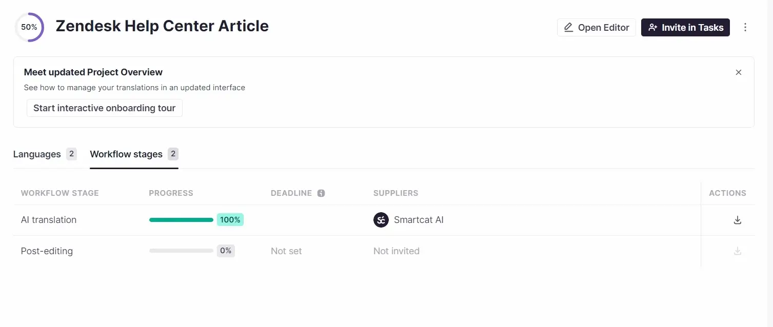 Smartcat project Overview tab with the progress bar