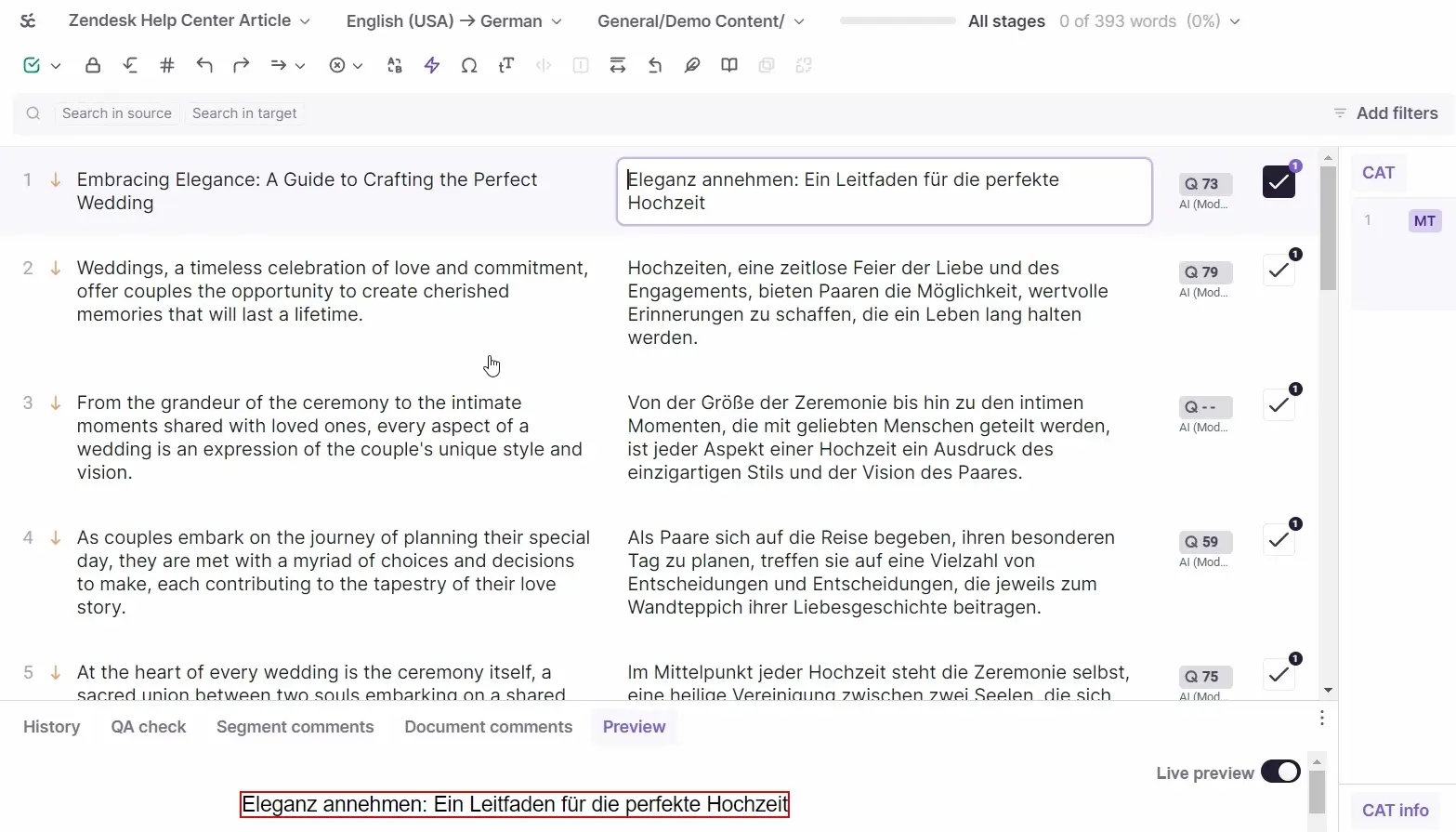 Smartcat Files tab with the project file