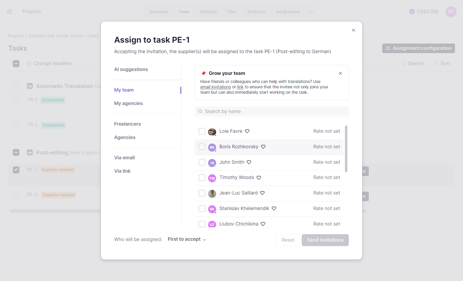 Smartcat Tasks tab with the Post-editing task and Invite button