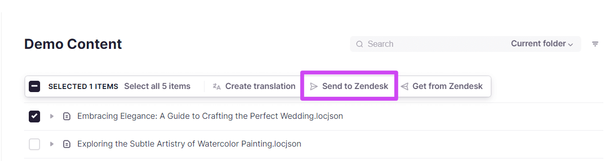 Integration page with a selected article and the Send to Zendesk button