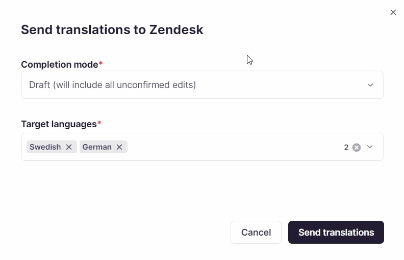 Send to Zendesk dialog with completion mode and target language options