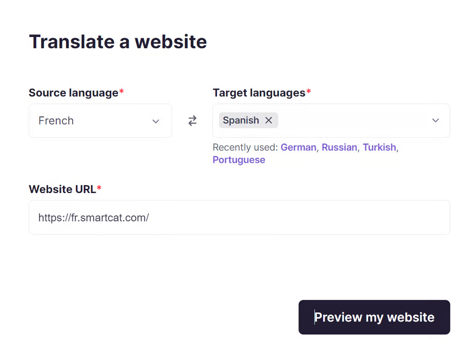 Translate a website setup screen showing source and target language fields