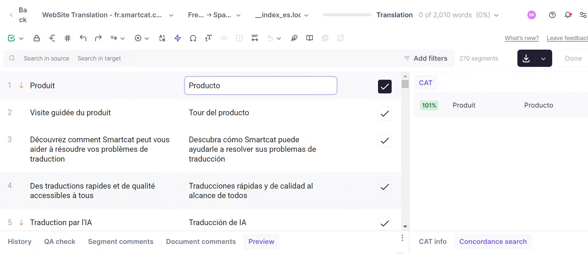 CAT editor showing source and target language columns for the landing page