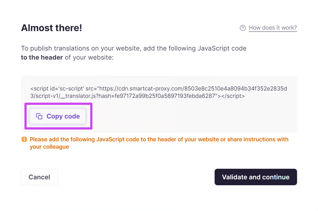 Publish button at the top of the translated website page
