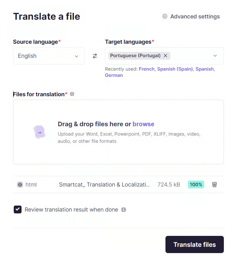Project creation tab with language selection and HTML file upload