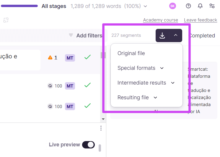 Export dropdown menu with HTML and Special formats options