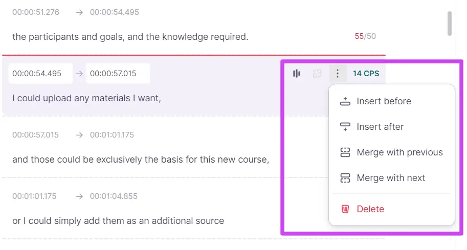 Subtitle Editor toolbar with cue editing options