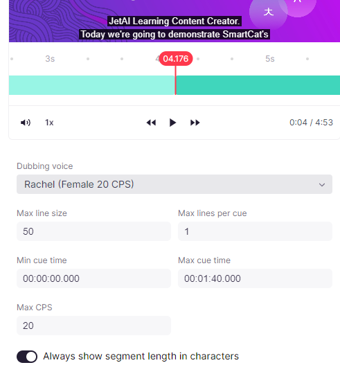 Subtitle Editor with a cue selected for timestamp adjustment