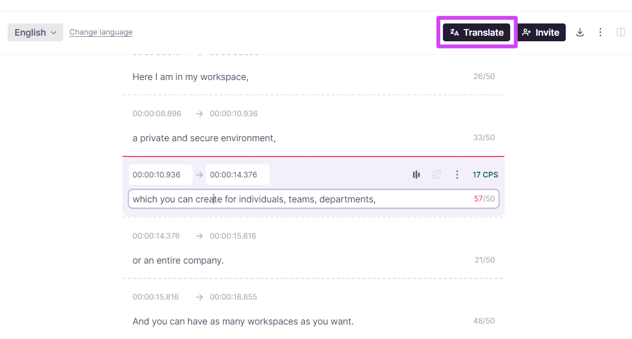 Subtitle Editor with the Translate button highlighted
