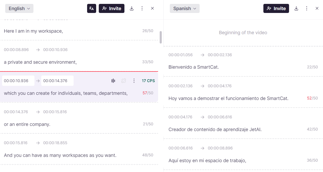 Subtitle Editor split into source and target language columns
