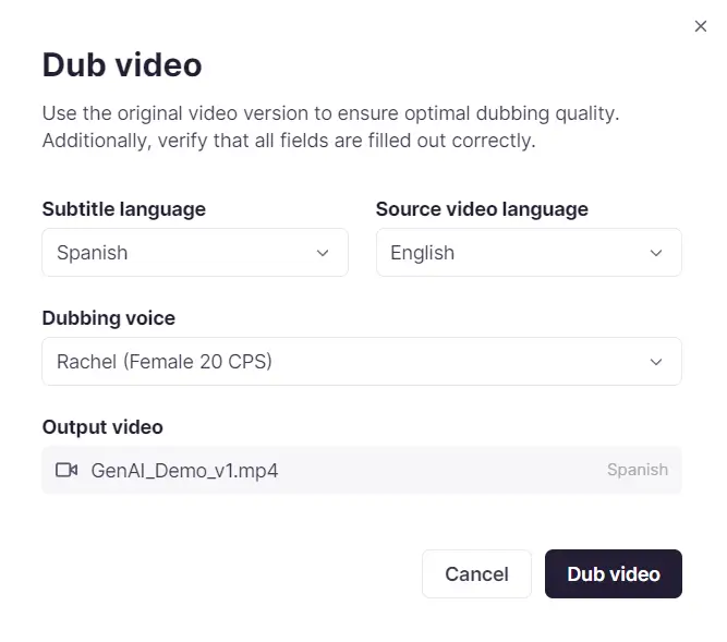Dubbing pop-up with subtitle language, source language, and voice options
