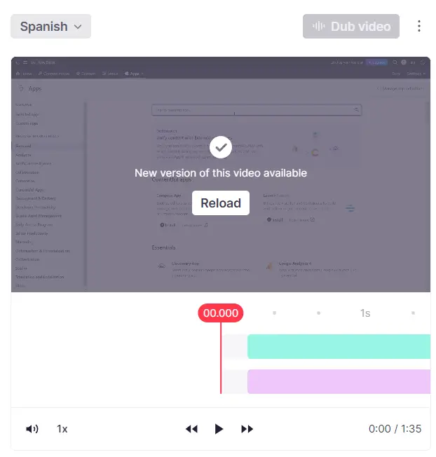 Notification that a new dubbed video version is available with a Reload option
