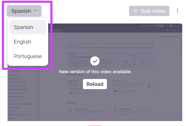 Language selector for switching between dubbed video versions