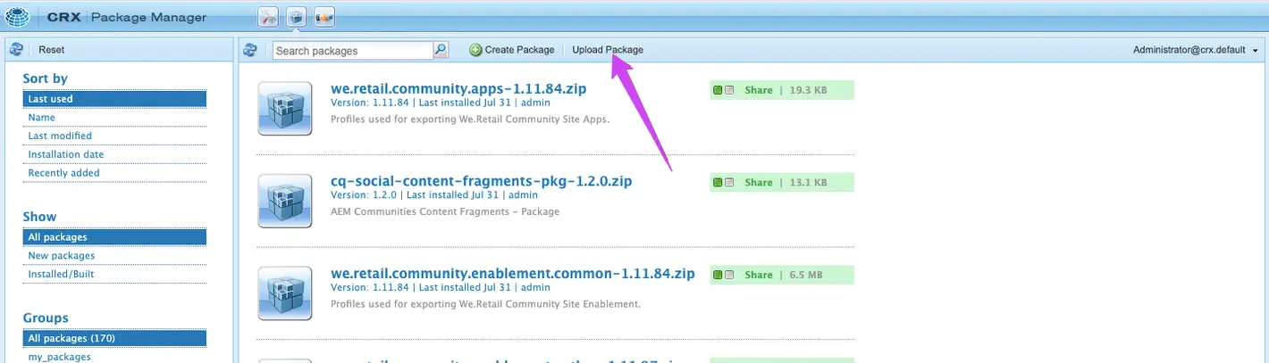 The Upload Package dialog on the AEM Packages screen